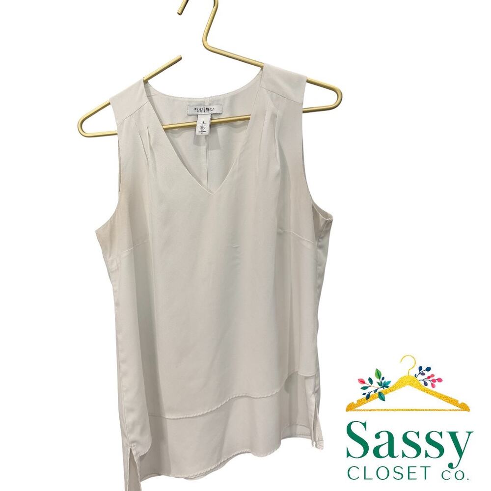 WHBM White V‑Neck Sleeveless Asymmetrical Overlay Top Size S EUC